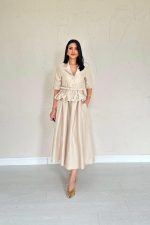 Bej İnce Kemerli Fırfırlı Ceket Ve Büzgülü Etek Takım