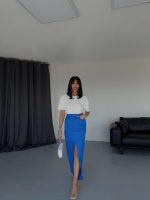 GABARDİN UZUN ÖNDEN YIRTMAÇLI ETEK - Saks