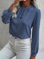 Kadın Uzun Kollu Yakalı Yakadan Bağcıklı Düğmeli Sandy Bluz - Görsel 2