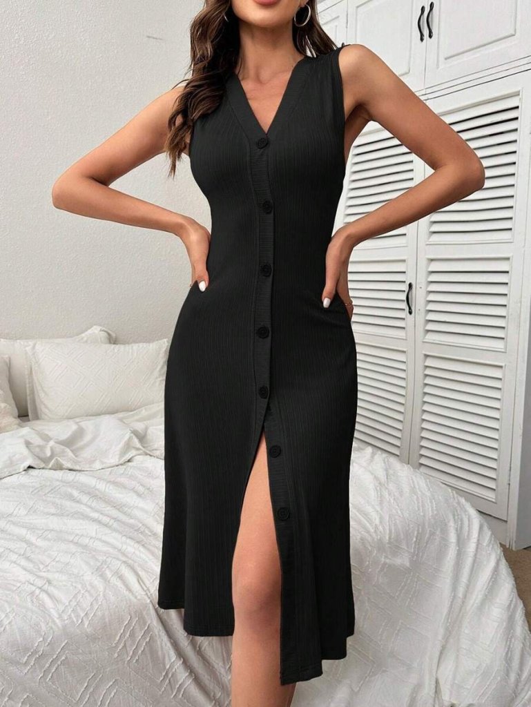 6eee11d5f52908870e3f Kadın V Yakalı önden Düğmeli Kaşkorse Elbise - Görsel 1