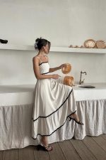 Bej Şerit Detay Keten Elbise - Görsel 3