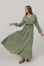 Önü Yarım Düğmeli Uzun Kol Kemerli Elbise - Haki