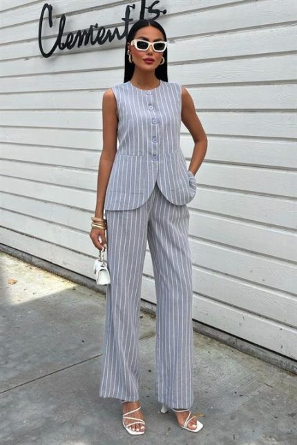 Çizgili Viscon Keten Yelekli Rahat Takım 10121