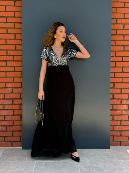 Kadın Kısa Kollu Derin V Yakalı A Kesim Pulpayet Detaylı şifon Nedime Elbisesi