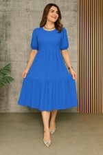 Kadın Kısa Kollu Yakası Açık Katlı Bürümcük Balon Elbise - Görsel 2