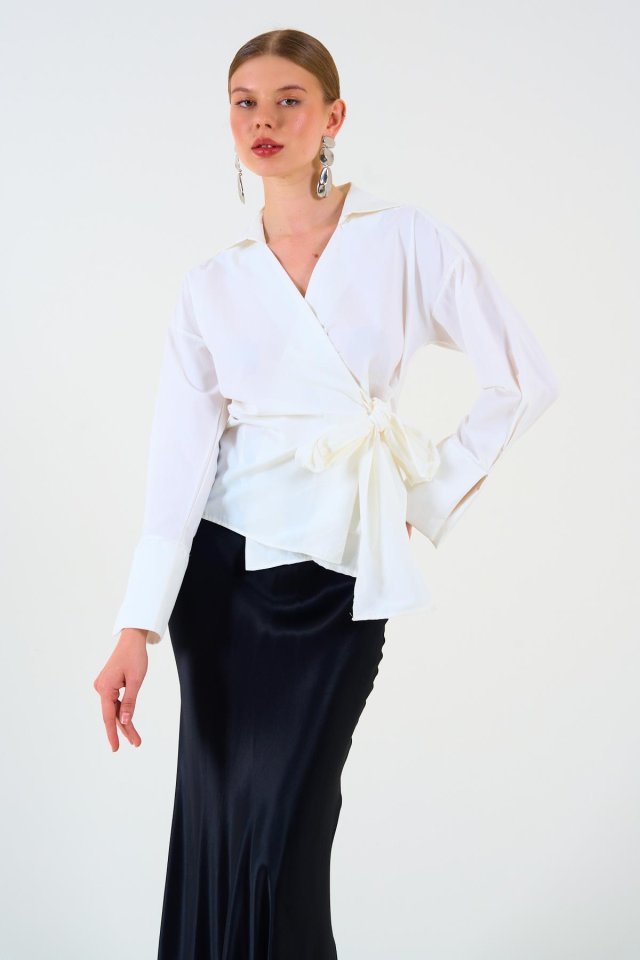 71564532385831df16b2 Düz Yandan Bağlamalı Gömlek - Ekru - Görsel 1