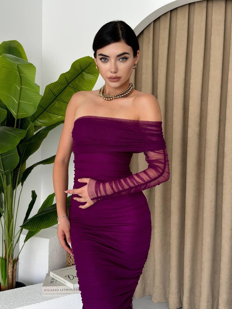 715ea3c5b04be03c3ad5 Polack Tek Omuz Tül Elbise - Görsel 1