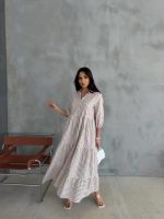 ÇİZGİLİ KETEN HAKİM YAKA DÜĞMELİ SALAŞ ELBİSE - Kahverengi - Görsel 2