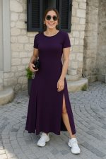 Kadın Kısa Kollu Sırt Dekolteli Yırtmaç Detaylı Viskon Elbise - Görsel 2