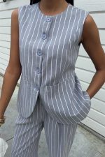 Çizgili Viscon Keten Yelekli Rahat Takım 10121 - Görsel 3