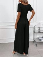 Kadın Kısa Kollu Yuvarlak Yaka Geniş Paçalı Bürümcük Tulum - Görsel 2