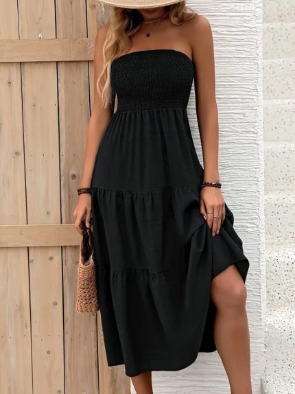 Kadın Straplez Göğüsten Lastikli Kloş Aerobin Uzun Elbise