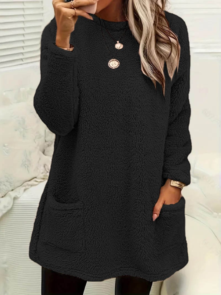 734bb4521fc718d4c622 Kadın Uzun Kollu Yuvarlak Yakalı Cepli Peluş Bluz - Görsel 1