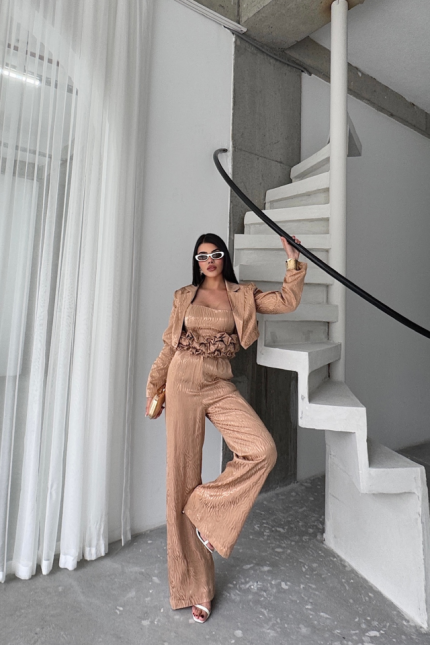 JAKARLI BLUZU TASARIM DETAYLI CEKET-PANTOLON-BLUZ 3 LÜ TAKIM - Bej