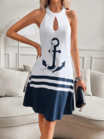 Kadın Askılı çıpa Baskılı Sırtı Açık Kısa Süprem Elbise - Görsel 2