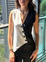 Kadın Sıfır Kol V Yakalı Düğmeli Blok Renkli Atlas Yelek - Görsel 2