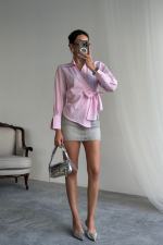 ÇİZGİLİ POPLİN KRUVAZE BAĞLAMALI GÖMLEK - Pembe - Görsel 3