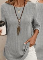 Kadın Uzun Kollu Yuvarlak Yaka Arkadan Düğmeli Waffle Bluz - Görsel 2