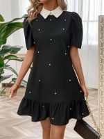 Kadın Kısa Kollu Yakalı Inci Detaylı Kısa Ithal Krep Elbise