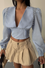 CROP POPLİN GÖMLEK YAKA KENAR DANTEL DETAYLI - Bebe Mavi - Görsel 2