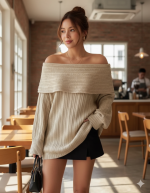 Kadın Uzun Kollu Katlama Detay Madonna Yaka Salaş Kazak - Görsel 2