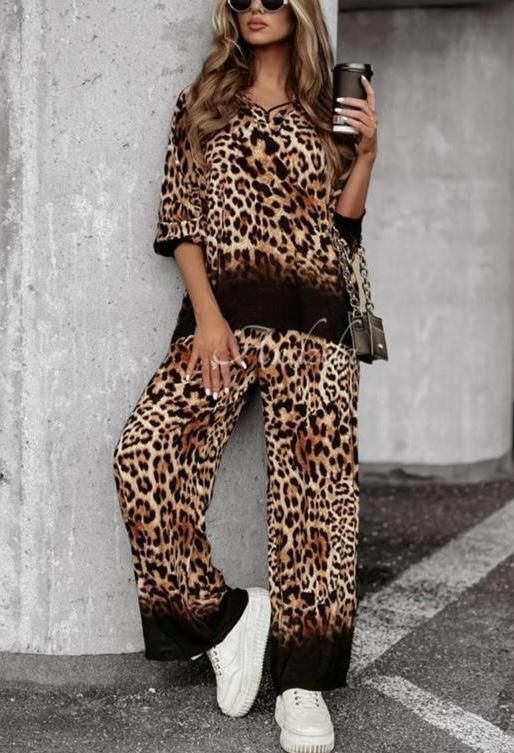 744779169e6ee30dde84e378d997ac91 Kadın Dalgıç Kumaş Leopar Desenli Fermuar Detaylı Ikili Tamım - Görsel 1