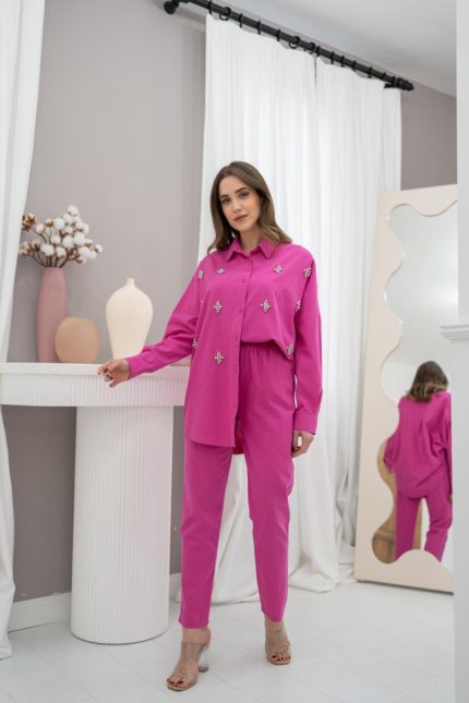 Fuşya Klasik Taşlı Keten Takım Takım