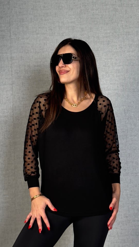 750a6781d1dc1067edbbf1c75f23fbc4 Kadın Yarasa Kol Puantiyeli Tül Detay Bluz - Görsel 1