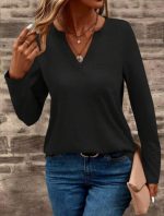 Kadın Uzun Kollu Cepli V Yakalı Viskon Iki Iplik Bluz - Görsel 3