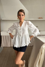 KETEN BLUZ ÖNDEN BAĞLAMALI FIRFIR DETAYLI - Beyaz - Görsel 2