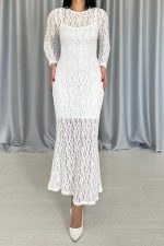 Beyaz Dantelli Uzun Kollu Elbise - Görsel 3