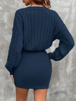 Kadın Uzun Kollu V Yakalı önden Düğmeli Kısa Triko Elbise - Görsel 2