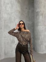 Kadın Leopar Desenli Düşük Omuzlu Bluz - Görsel 3