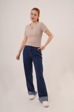 Kısa Kollu Yaka Detaylı Kaşkorse Taş Bluz - Görsel 3