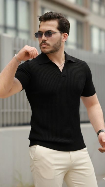 Erkek Kısa Kollu Yakalı çizgi Desenli Triko Bluz