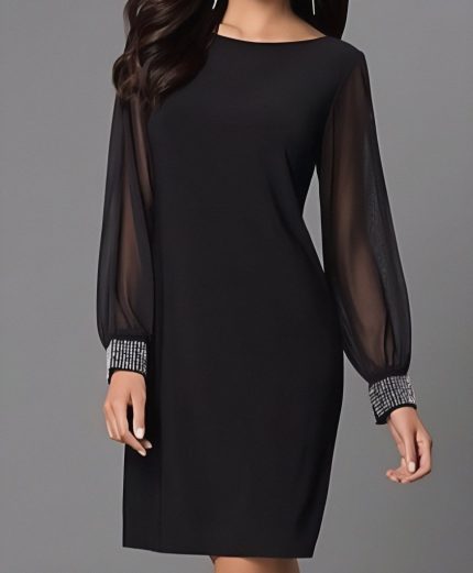 Kadın Uzun Kollu Bisiklet Yaka Kollar Tül Manşet Taş Işlemeli Krep Elbise