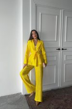 Neon Beli Kuşaklı Ceket Ve Pantolon Parlak Takım - Görsel 3