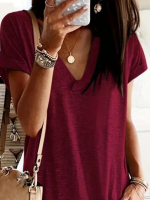 Kadın Kısa Kollu V Yakalı Cepli Kısa Viskon Elbise - Görsel 2