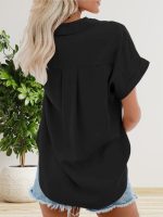 Kadın Kısa Kollu V Yakalı önden Düğmeli Dokuma Gömlek - Görsel 3