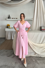 V YAKA BEL BONCUK BAĞLAMALI MÜSLİN ELBİSE YIRTMAÇ DETAYLI - Pembe - Görsel 3