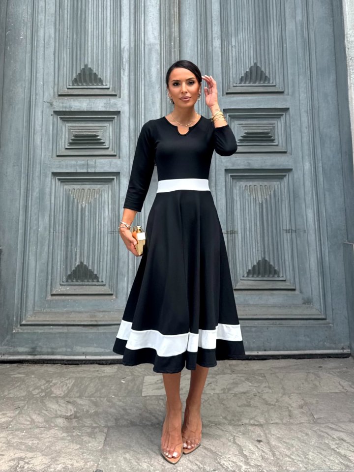 7967a4bfc9b7b44ccb3d59b5cddb7bd6 Kadın Truvakarkol Yakası Açık Blok Renkli Krep Midi Elbise - Görsel 1