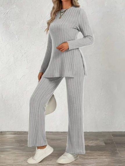 Kadın Uzun Kollu Bisiklet Yaka Yandan Yırtmaçlı şardonlu Kaşkorse Bluz Ve Pantolon Ikili Takım