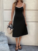 Kadın Ip Askılı Geniş V Yakalı Midi Janjan Krep Elbise - Görsel 2