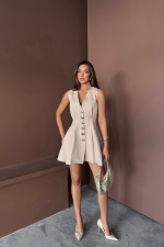 KOLSUZ GOLD DÜĞME ELBİSE PENS VE PİLELİ KISA - Bej - Görsel 2