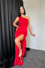 Kırmızı Volanlı Saten Abiye - Görsel 2