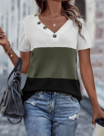 Kadın Kısa Kollu V Yakalı Düğmeli Waffle Bluz - Görsel 3