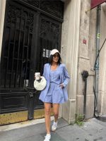 ÇİZGİLİ KETEN CEKET YELEK ŞORT TK - Mavi