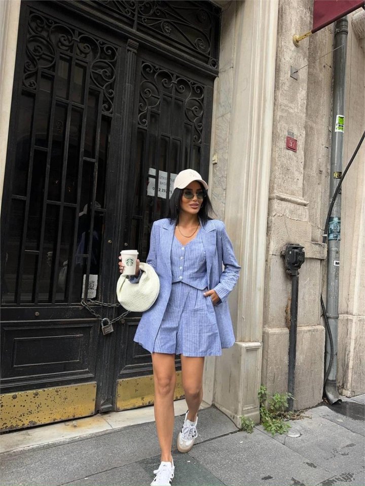 7ac6743d9f631c2fd95c ÇİZGİLİ KETEN CEKET YELEK ŞORT TK - Mavi - Görsel 1