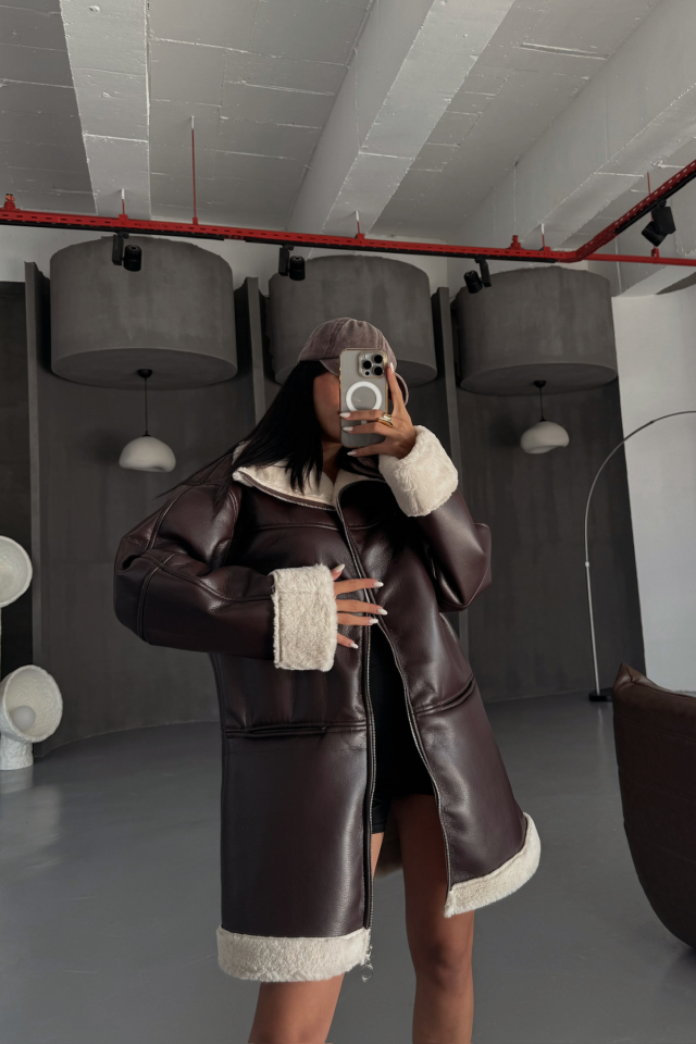 7acf2af9163c7ea48439 DERİ MONT KOL VE YAKA PELUŞ KAPAKSIZ CEP DETAYLI - Kahverengi - Görsel 1