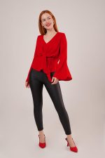 Ön Bağlamalı Volan Kol Kırmızı Bluz - Görsel 2